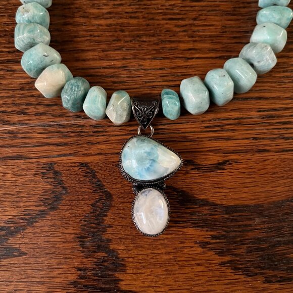 Handcrafted Amazonite, Larimar and Moonstone Beaded Necklace Bronze Tone Accents - Picture 4 of 11